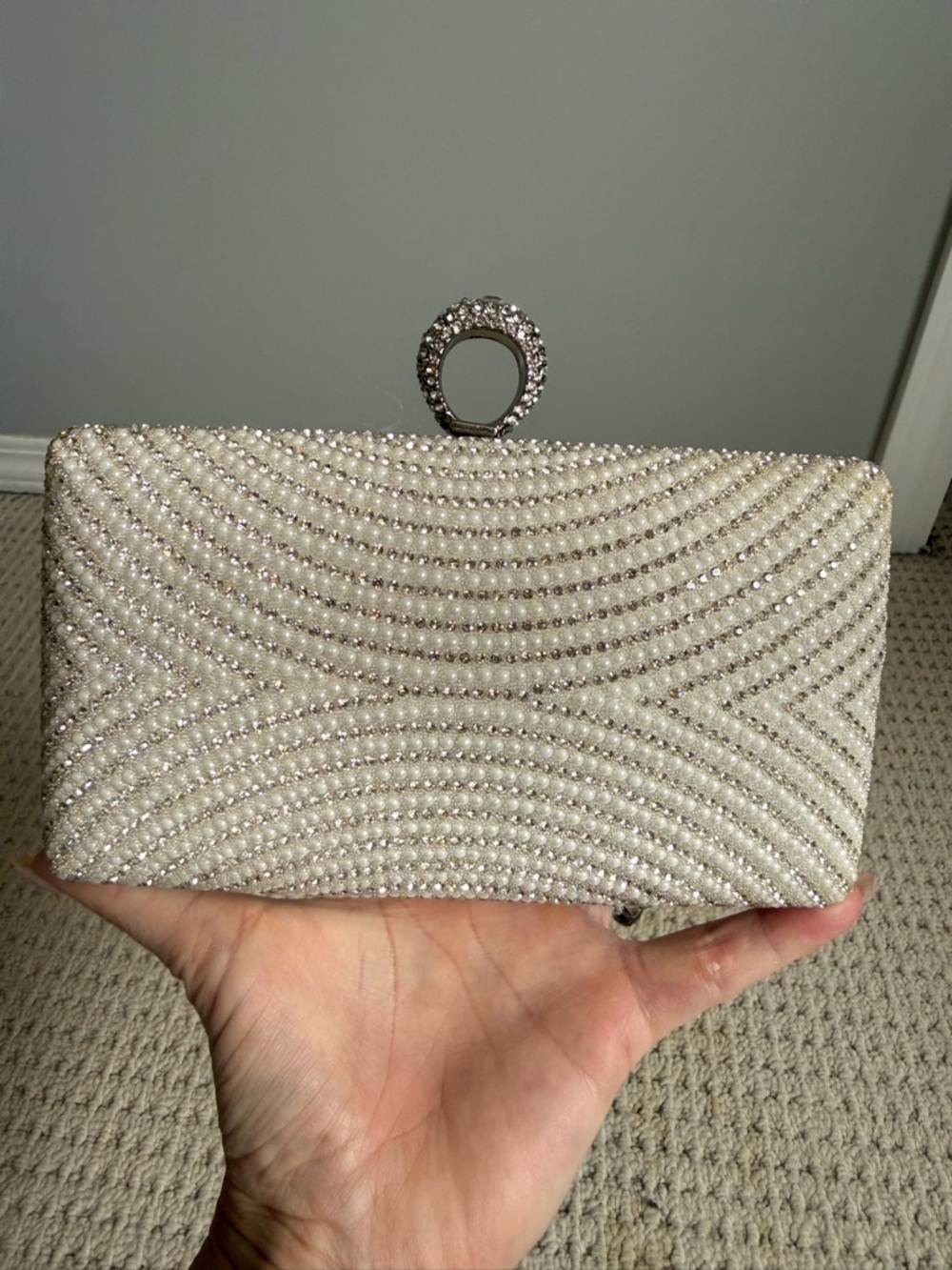 Crystal-Embellished Ivory Evening Clutch